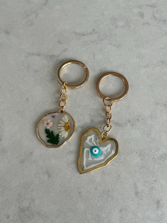 Pressed flower Resin Keyring and Resin Evil eye marble look Keyrings