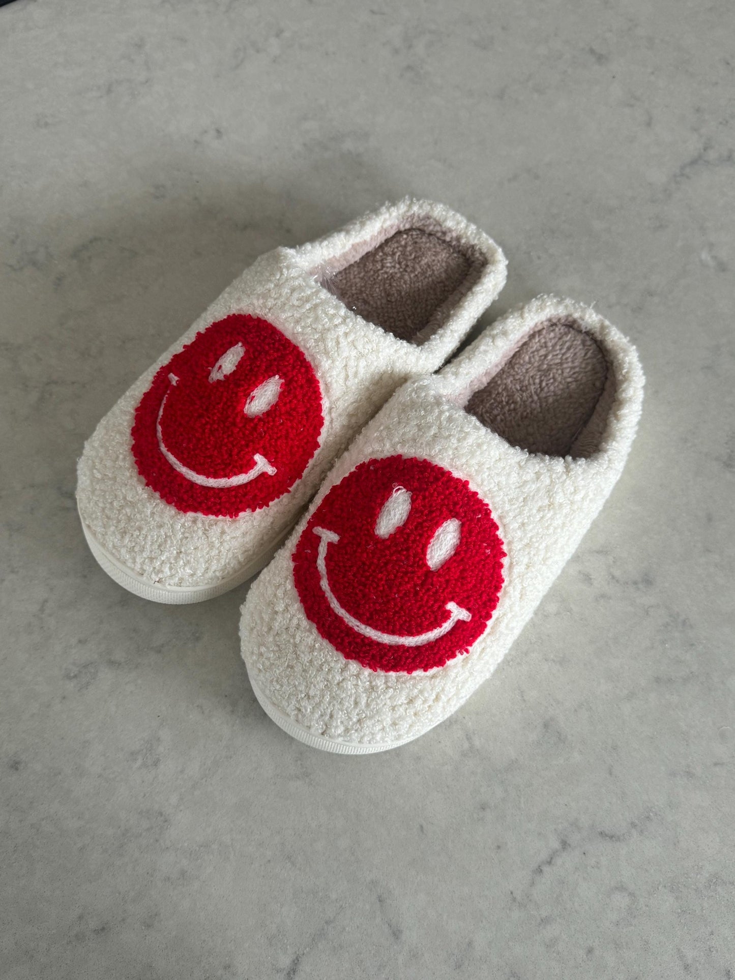 Red Smiley Face Plush Lounge Slippers