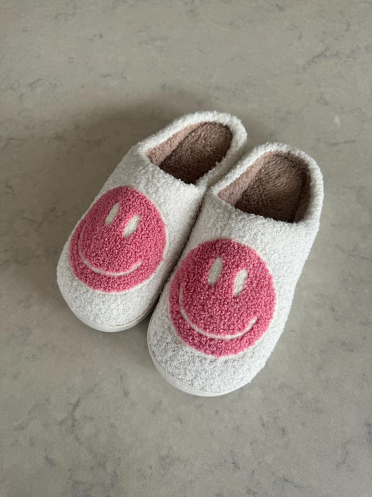 Pink Smiley Face Plush Lounge Slippers